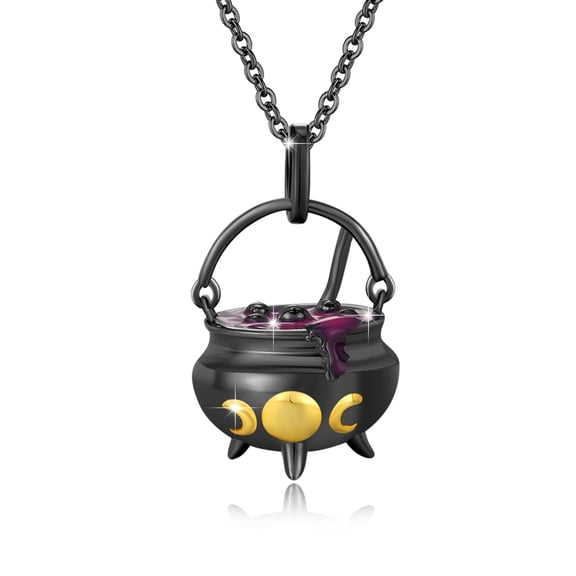 TRISHULA 925 Silver Cauldron Triple Moon Necklace, Wiccan Pagan Magic Amulet, Halloween Birthday Gift