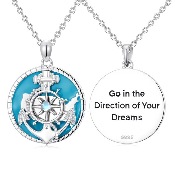 TRISHULA 925 Silver Compass Anchor Necklace with Moonstone, Nautical Travel Gift, 24+2 Inch Chain