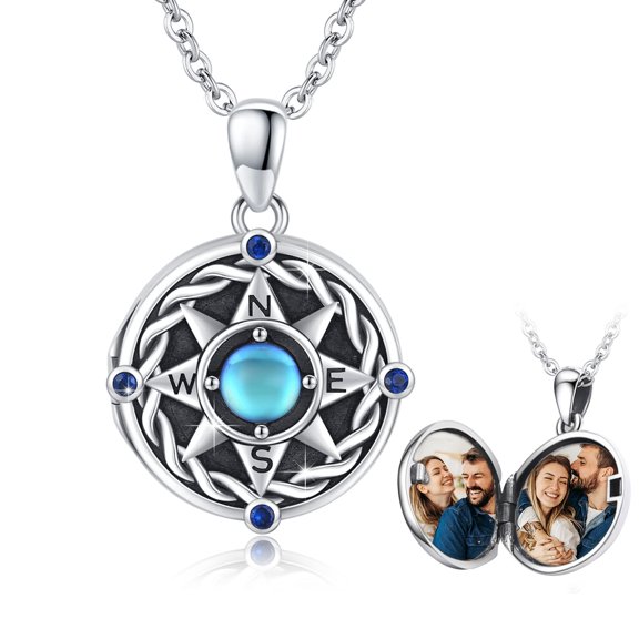 TRISHULA 925 Silver Compass Locket Necklace with Moonstone, Photo Holder, Always in My Heart Gift