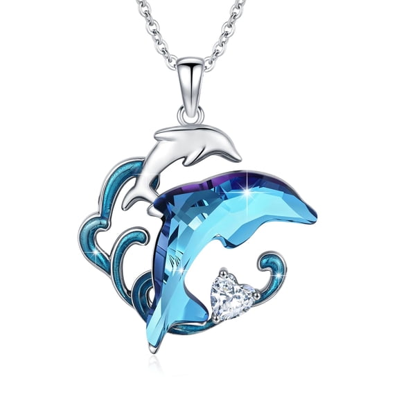 TRISHULA 925 Silver Dolphin Crystal Necklace, Ocean-Themed Mother Daughter Jewelry Gift for Mom Wife
