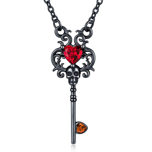 TRISHULA 925 Silver Gothic Skull Key Necklace with Red Crystal Heart, Hypoallergenic, 18+2 Inch Chain