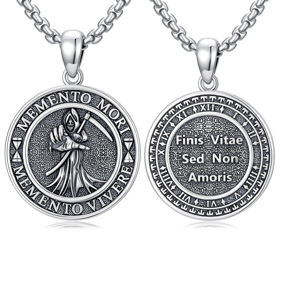 TRISHULA 925 Silver Memento Mori Grim Reaper Necklace, Vintage Skull Amulet, 20+2 Inch Chain