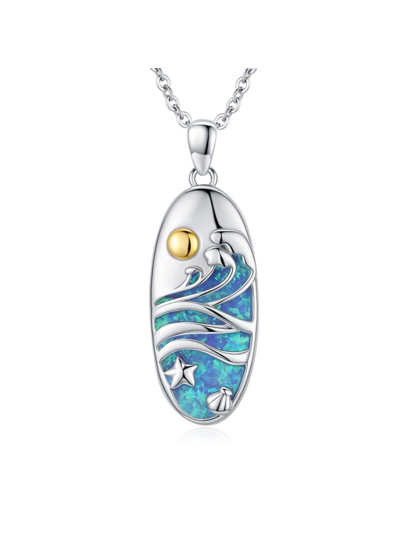 925 Silver Ocean Wave Blue Opal Necklace with Starfish Shell, Beach Jewelry for Women