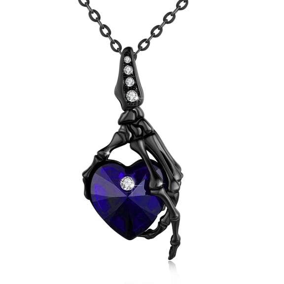 TRISHULA 925 Silver Skull Hand Pendant Necklace with Dark Blue Crystal, Gothic Punk Jewelry for Women