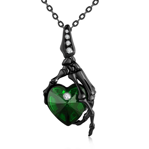 TRISHULA 925 Silver Skull Hand Pendant Necklace with Green Crystal, Halloween Birthday Gift for Women