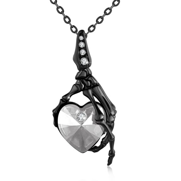 TRISHULA 925 Silver Skull Hand Pendant Necklace with White Crystal, Gothic Punk Jewelry for Women