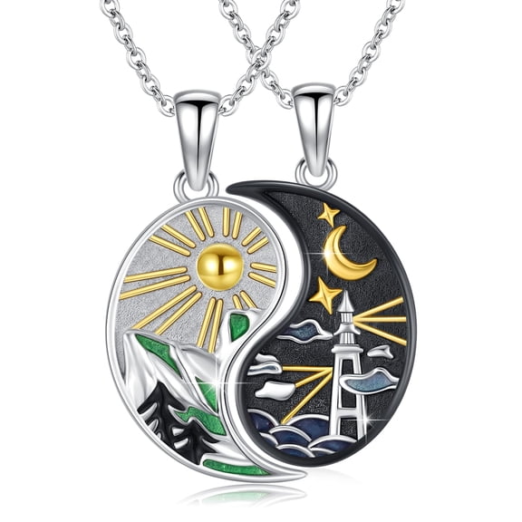 TRISHULA 925 Silver Sun Moon Couples Necklace Set, Mountain Lighthouse Yin Yang Pendant, 18+2 Inch Chain