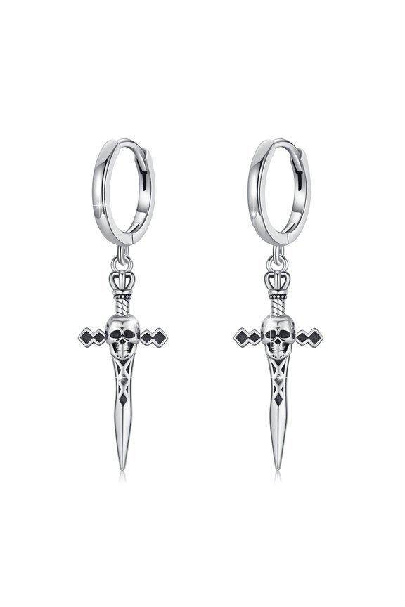 925 Silver Sword Skull Dagger Huggie Hoop Earrings, Halloween Gothic Punk Jewelry for Men Women