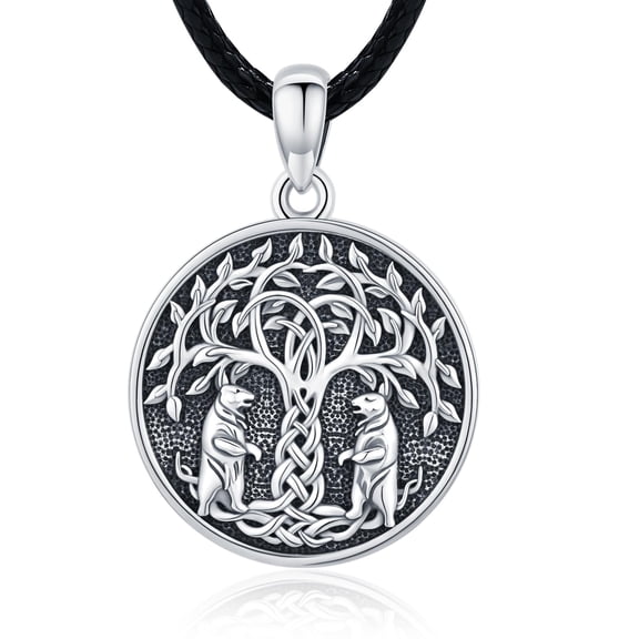 TRISHULA 925 Sterling Silver 22 mm Viking Tree of Life Necklace with Bear Jewelry Gift for Men Women Black Leather Rope Chain 20+2 inch
