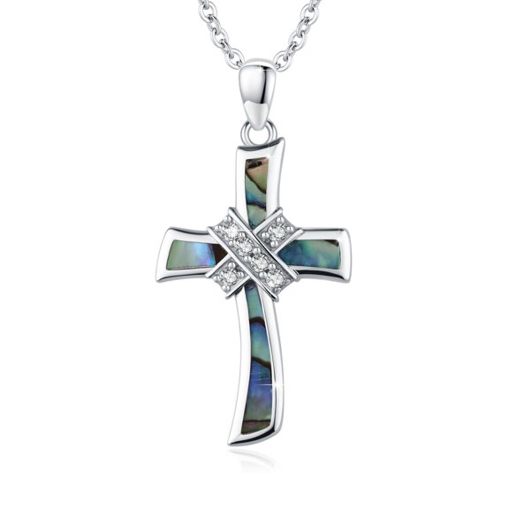 TRISHULA 925 Sterling Silver Abalone Shell Cross Necklace with CZ, Religious Amulet Gift for Women