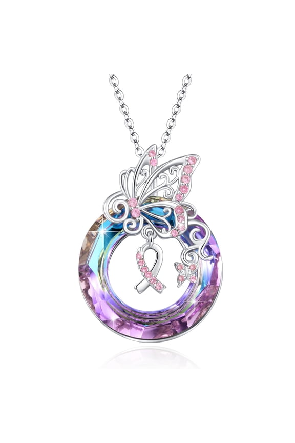 925 Sterling Silver Butterfly Cancer Ribbon Necklace, Austrian Crystal Survivor Jewelry for Women