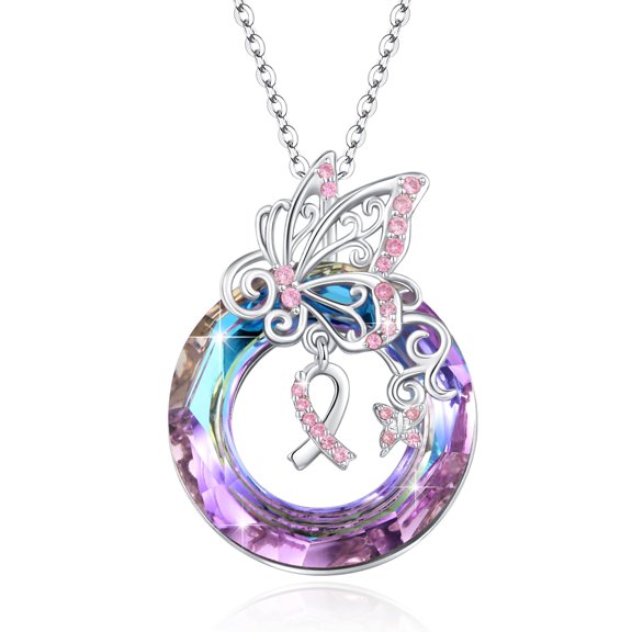 TRISHULA 925 Sterling Silver Butterfly Cancer Ribbon Necklace, Austrian Crystal Survivor Jewelry for Women