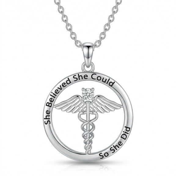 TRISHULA 925 Sterling Silver Caduceus Necklace for Women "She Believed She Could So She Did" Inspirational Medical Symbol Pendant Necklace Nurse Doctor Graduation Jewelry Gifts
