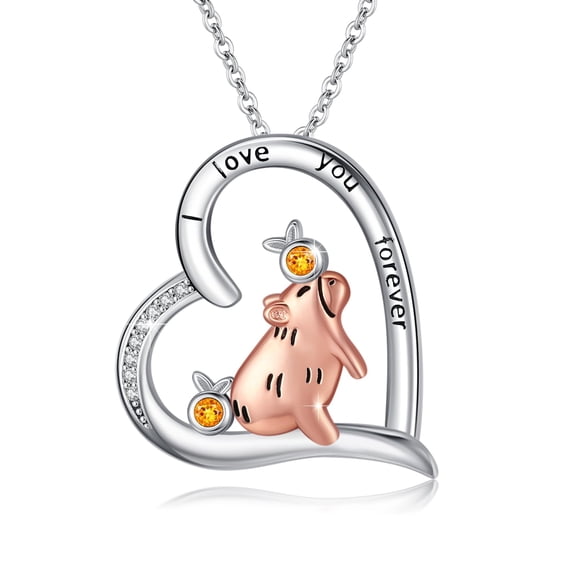 TRISHULA 925 Sterling Silver Capybara Heart Necklace with CZ, Rose Gold Accent, "I Love You" Gift