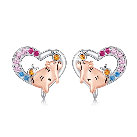 TRISHULA 925 Sterling Silver Capybara Heart Stud Earrings with CZ, Cute Animal Jewelry Christmas Gift