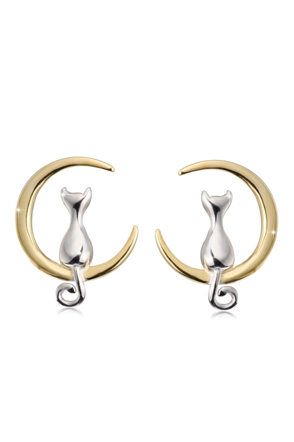 925 Sterling Silver Cat Moon Stud Earrings Gold Moon Earrings Silver Cat Earrings for Women Cute Animal Earrings Jewelry Birthday Christmas Gifts