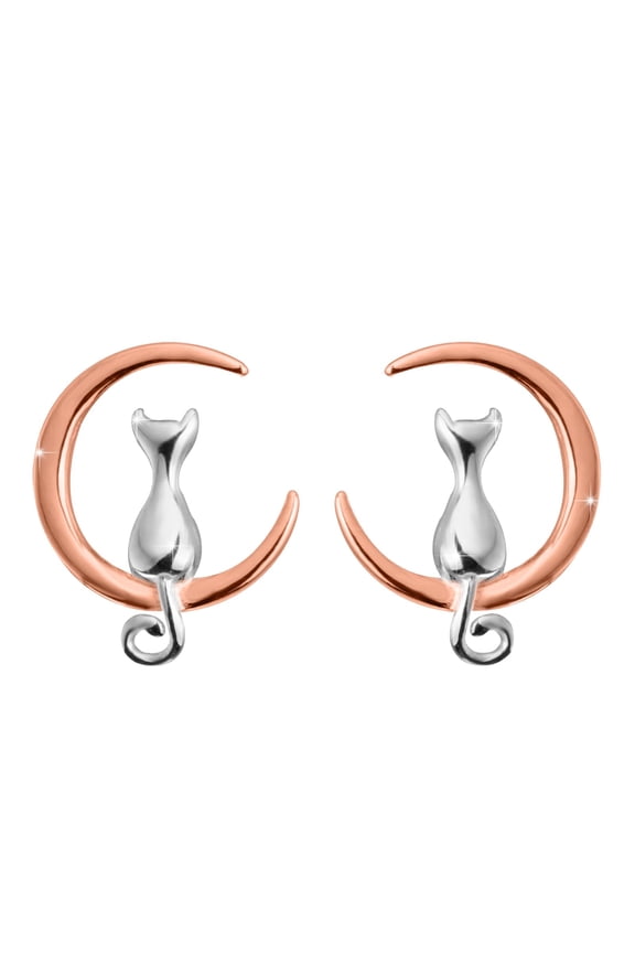 925 Sterling Silver Cat Moon Stud Earrings for Women Rose Golden Moon Earrings Silver Cat Earrings Cute Animal Earrings Jewelry Gifts for Birthday Christmas