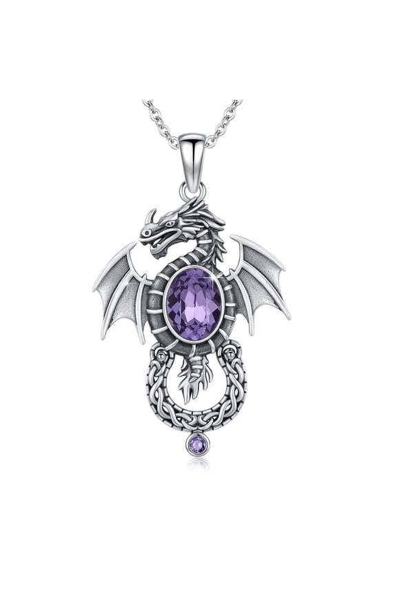 925 Sterling Silver Dragon Pendant Necklace with Amethyst CZ, Medieval Gothic Jewelry