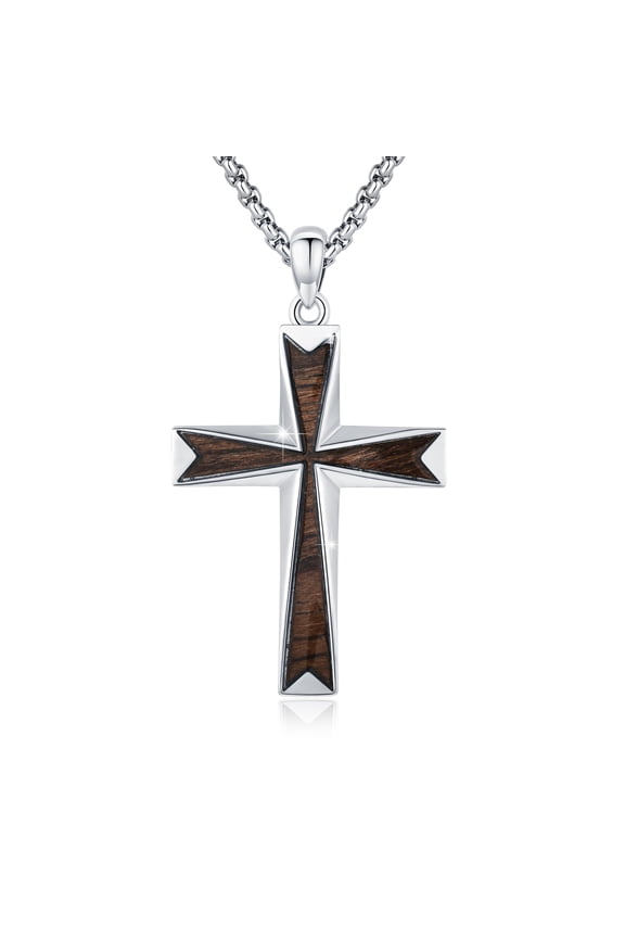 925 Sterling Silver & Ebony Wood Cross Necklace for Men, Father's Day Gift, 22+2 Inch Chain