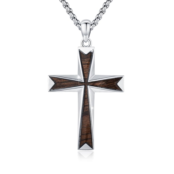 TRISHULA 925 Sterling Silver & Ebony Wood Cross Necklace for Men, Father's Day Gift, 22+2 Inch Chain