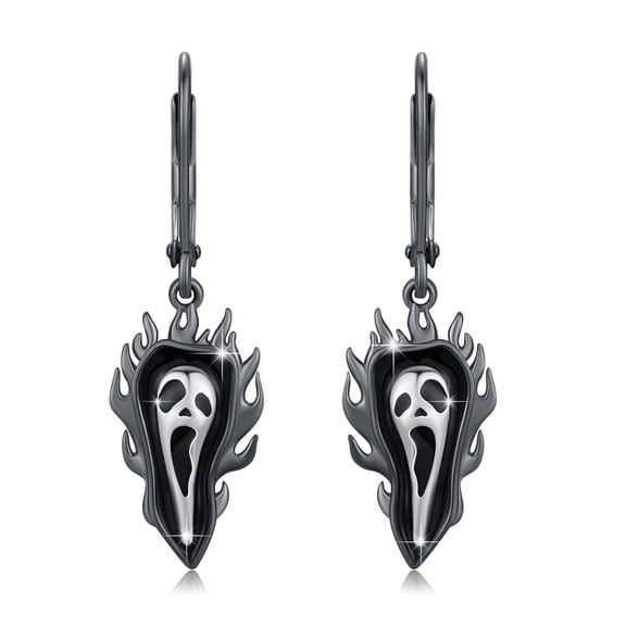 TRISHULA 925 Sterling Silver Ghost Face Earrings for Women Black Gothic Ghost Fire Drop Dangle Leverback Earrings Horror Halloween Party Jewelry Punk Rock Gift for Her Wife