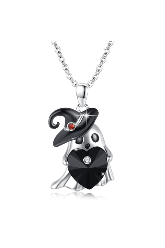 925 Sterling Silver Ghost Necklace for Women Black Heart Crystal Ghost Necklace Cute Gothic Jewelry Gifts for Halloween
