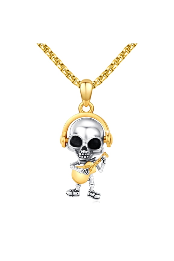 925 Sterling Silver Guitar Skull Necklace, Punk Skeleton Jewelry Gift for Guitar Lovers