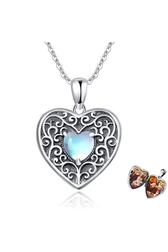 925 Sterling Silver Heart Locket Necklace with Moonstone, Photo Holder Memory Jewelry Gift