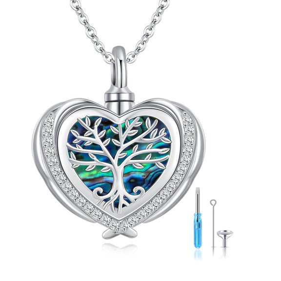 TRISHULA 925 Sterling Silver Heart Tree of Life Urn Necklace for Ashes Abalone Shell Tree of Life Urns Necklace for Ashes Cremation Jewelry for Women