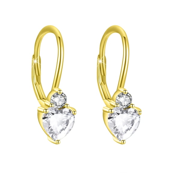 TRISHULA 925 Sterling Silver Leverback Birthstone Earrings April Birthstone Heart Earrings gold plate Leverback Dangle Earrings White April Jewelry Gifts for Women