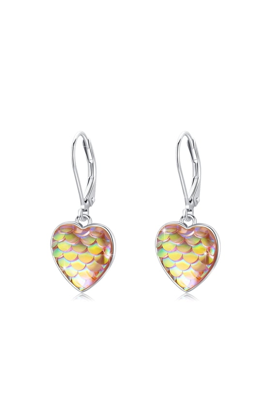 925 Sterling Silver Mermaid Earrings Yellow Mermaid Scales Leverback Heart Dangle Earrings Hypoallergenic Mermaid Tail Jewelry Gifts for Women