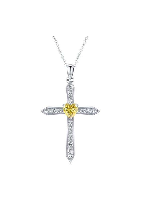 925 Sterling Silver November Birthstone Cross Necklace, Orange CZ Heart Crucifix Gift
