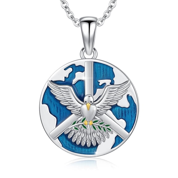TRISHULA 925 Sterling Silver Peace Dove Symbol Necklace with Blue Enamel Earth, Jewelry Gift for Men Women