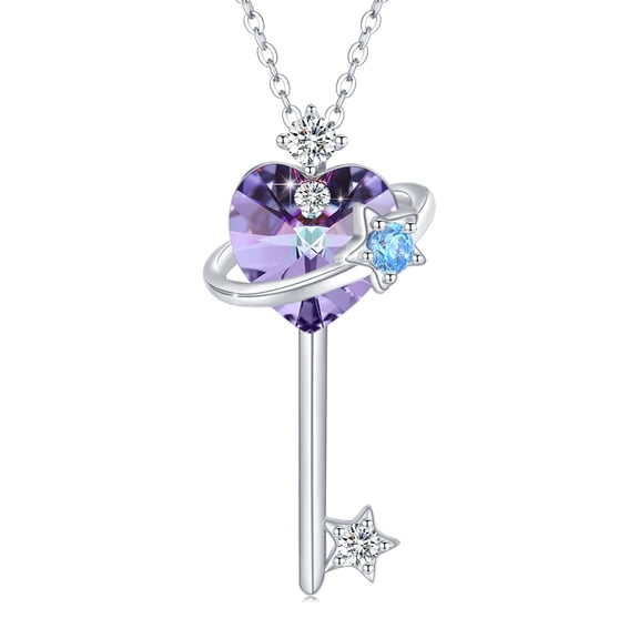 TRISHULA 925 Sterling Silver Purple Crystal Heart Key Pendant Necklace Key Necklace Planet Pendant Jewelry Gifts for Women Wife Mom Birthday Mother's Day
