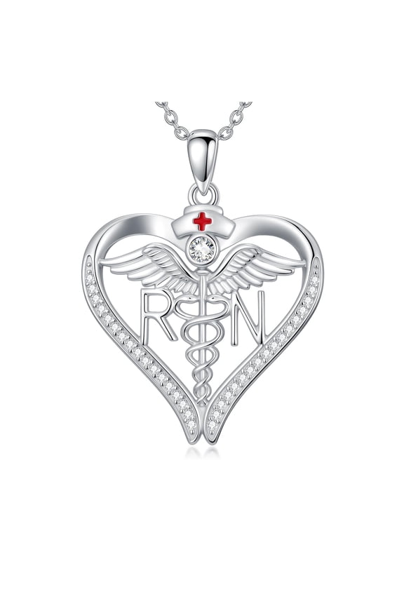 925 Sterling Silver RN Necklace for Women Heart Caduceus Pendant Necklace with Nurse Hat Jewelry Gifts for Nurses Doctors Medical Assistant Graduation Nurses Day Birthday