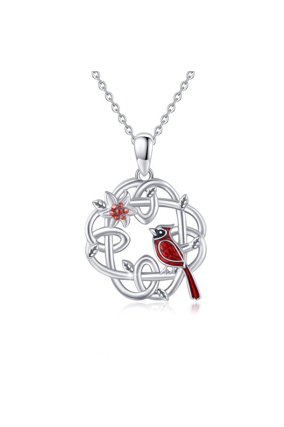925 Sterling Silver Red Cardinal Bird Necklace, Celtic Knot Flower Memorial Jewelry Gift