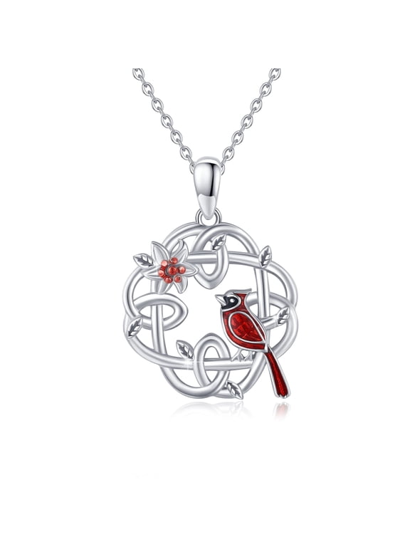 925 Sterling Silver Red Cardinal Bird Necklace, Celtic Knot Flower Memorial Jewelry Gift