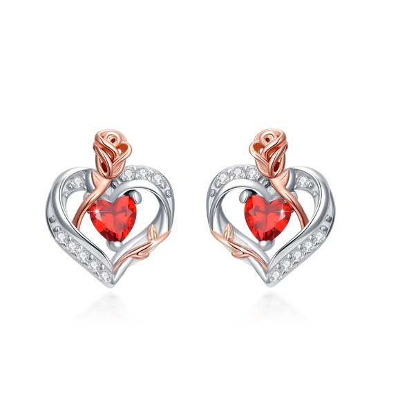 TRISHULA 925 Sterling Silver Rose Heart Earrings Birthstone Studs Earrings Mother's Day Birthday Jewelry Gifts for Women Mom Girlfriend