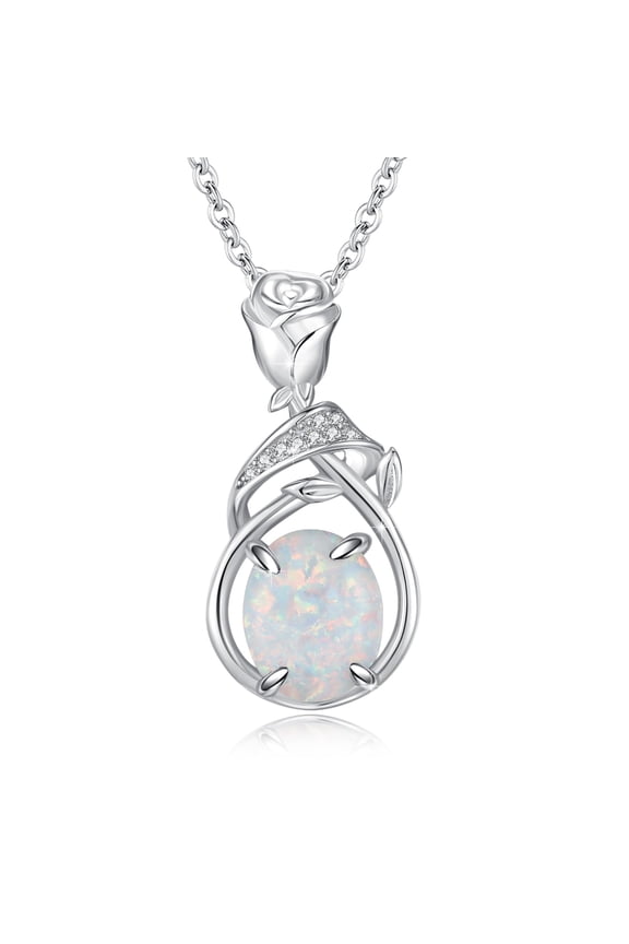 925 Sterling Silver Rose Necklace for Women Opal Rose Pendant Vintage Opal Necklace Jewelry Gifts for Mother's Day Birthday