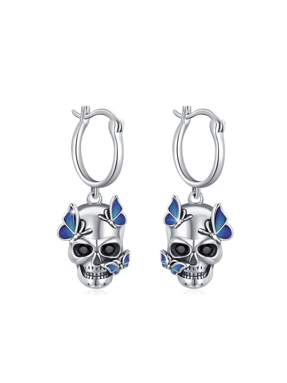 925 Sterling Silver Skull Blue Butterfly Huggie Hoop Earrings, Gothic Punk Halloween Gift