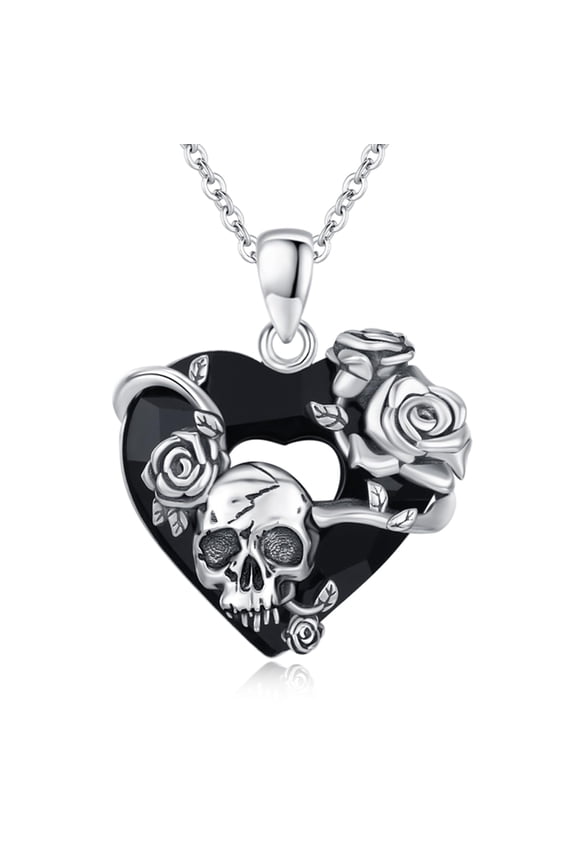 925 Sterling Silver Skull Heart Rose Necklace, Gothic Halloween Jewelry Gift for Men Women