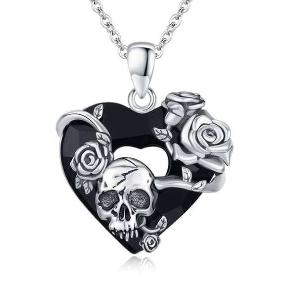 TRISHULA 925 Sterling Silver Skull Heart Rose Necklace, Gothic Halloween Jewelry Gift for Men Women