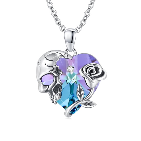 TRISHULA 925 Sterling Silver Skull Necklace Gothic Heart Pendant Rose Birthstone Necklace Skull Christmas Jewelry Gifts for Women Men #June Birthstone