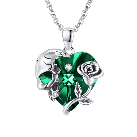 TRISHULA 925 Sterling Silver Skull Necklace Gothic Heart Pendant Rose Birthstone Necklace Skull Christmas Jewelry Gifts for Women Men #May Birthstone