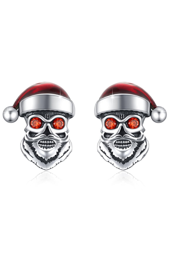 925 Sterling Silver Skull Stud Earrings - Red Santa Hat, Goth Punk Vintage Skeleton Earrings - Thanksgiving & Christmas Skull Jewelry Gifts for Women & Men