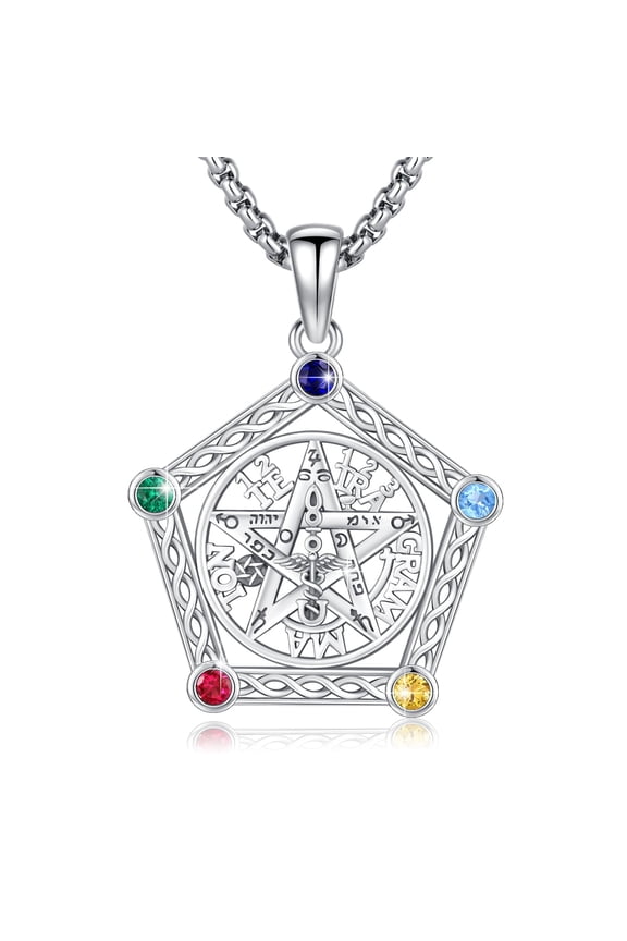 925 Sterling Silver Tetragrammaton Pentagram Necklace, Wiccan Protection Amulet, 20+2 Inch Chain