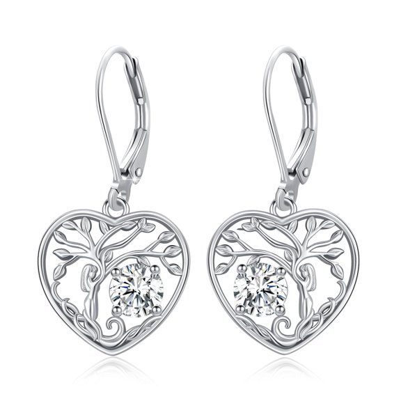 TRISHULA 925 Sterling Silver Tree of Life Heart Shaped Leverback Drop Earrings with April Birthstone, Hypoallergenic Jewelry for Women, Birthday Gift for Mother's Day (04-Apr-Created White Topaz)