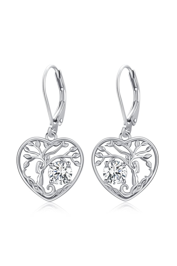 925 Sterling Silver Tree of Life April Birthstone Leverback Earrings, Mother's Day Gift