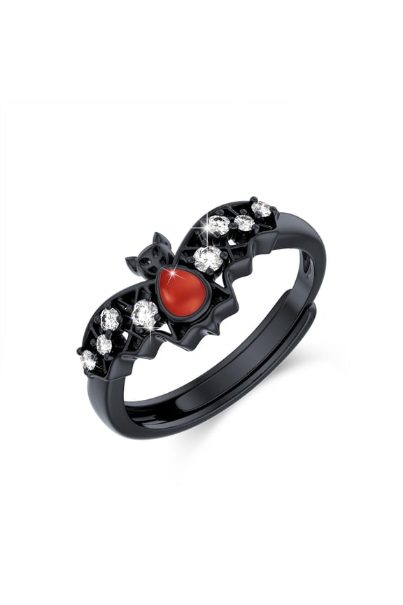 Black Bat Ring with Red Agate 925 Sterling Silver Gothic Bat Open Ring Adjsutable Cute Animal Halloween Jewelry Gift for Women Dark Fashion Lovers