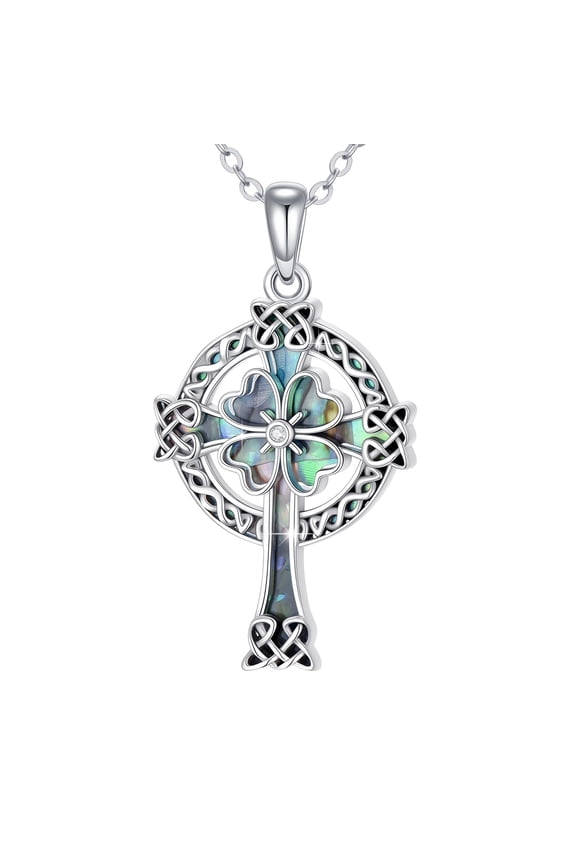 Celtic Cross Necklace 925 Sterling Silver Cross Abalone Shell Four Leaf Clover Necklace Irish Jewelry Birthday Gift for Women 18+2 Inch Chain